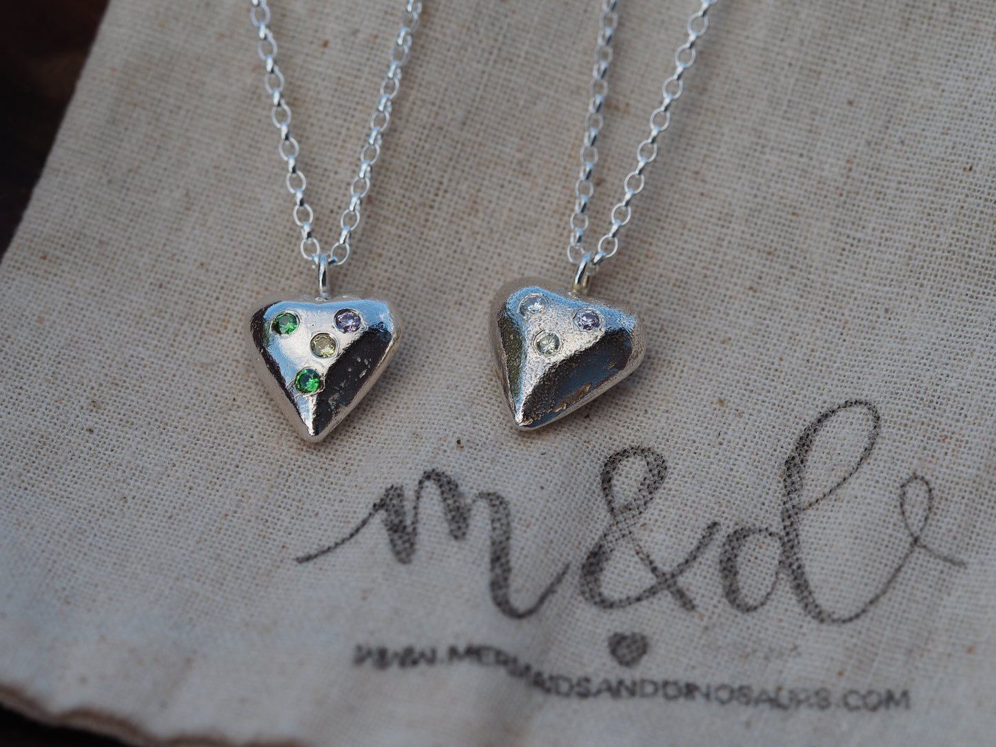 Solid silver heart birthstone necklace