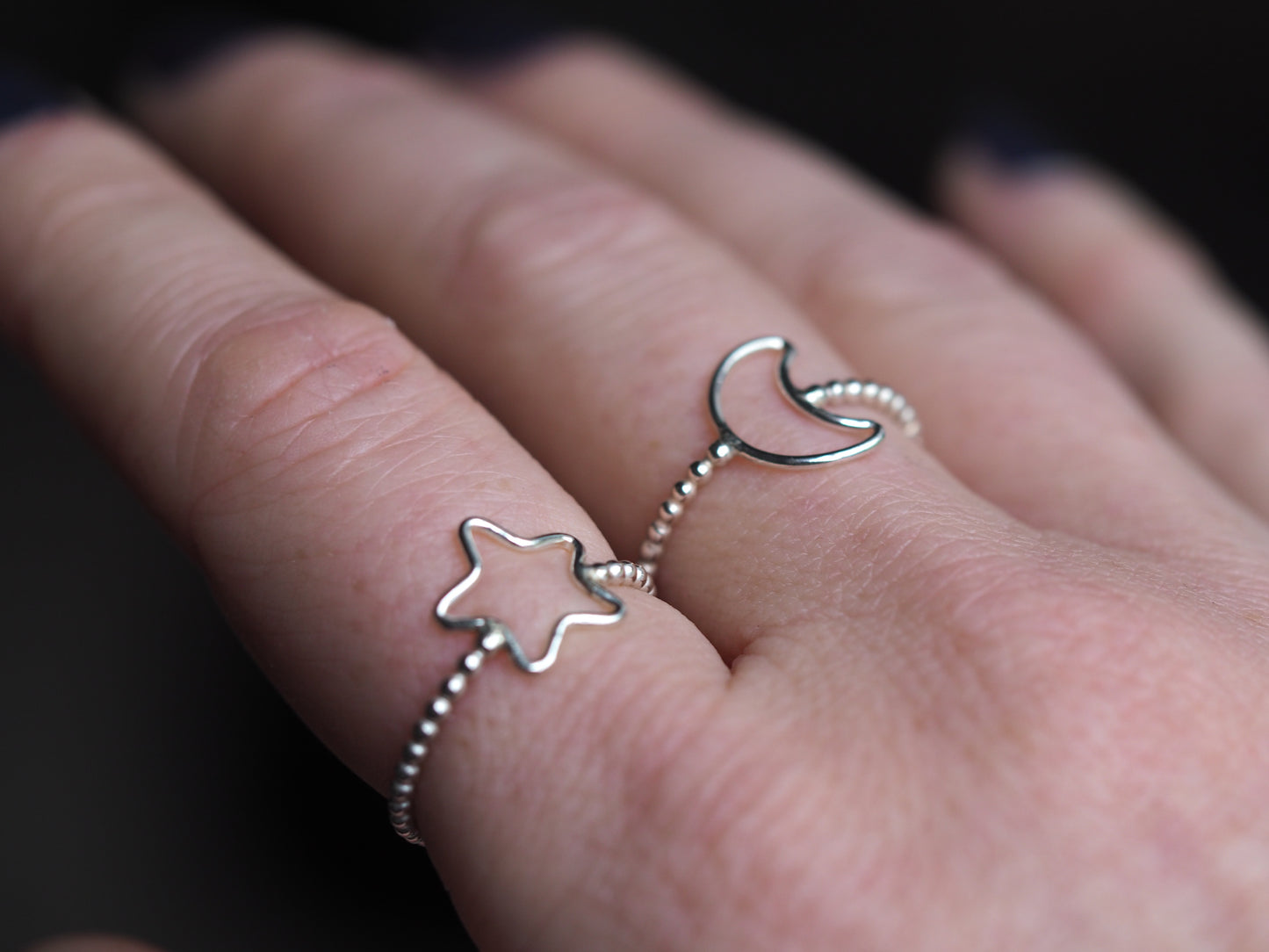 Sterling silver beaded moon and stars rings