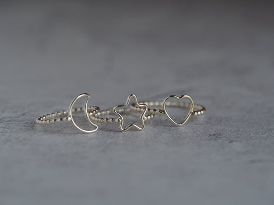 Sterling silver beaded moon, heart and stars rings