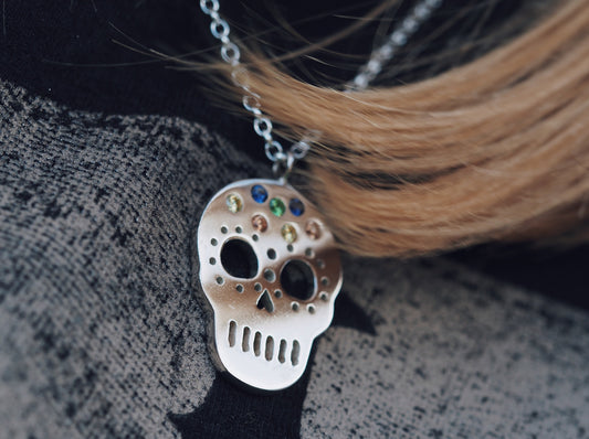 Sugar skull colourful gem necklace silver