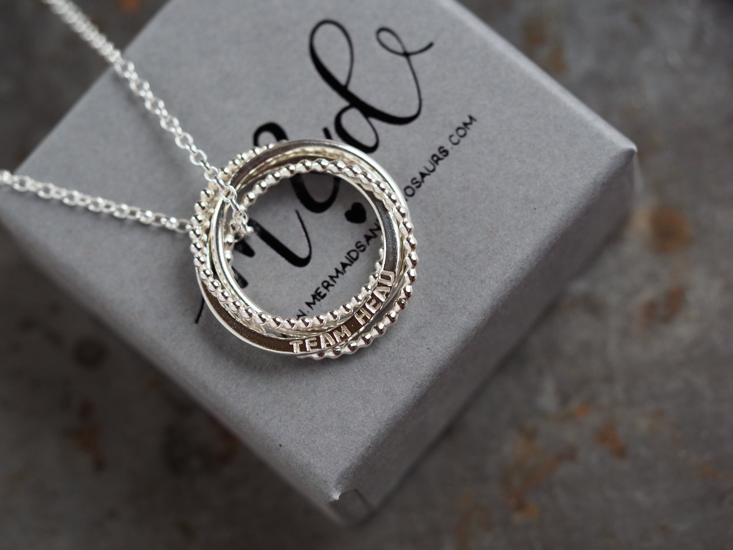 Silver necklace with interlocking rings on a branded box