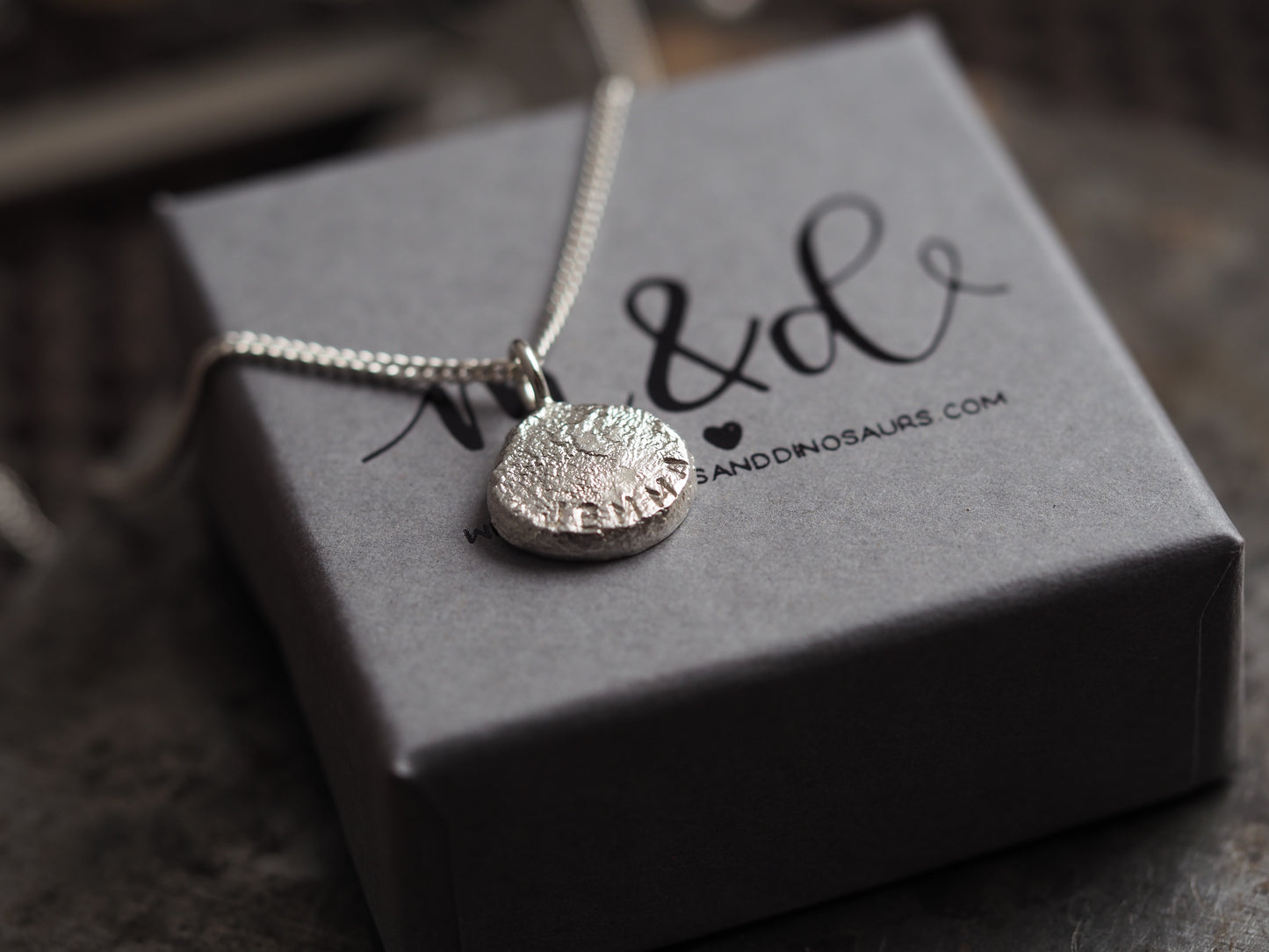 Silver necklace with a round pendant on a branded box