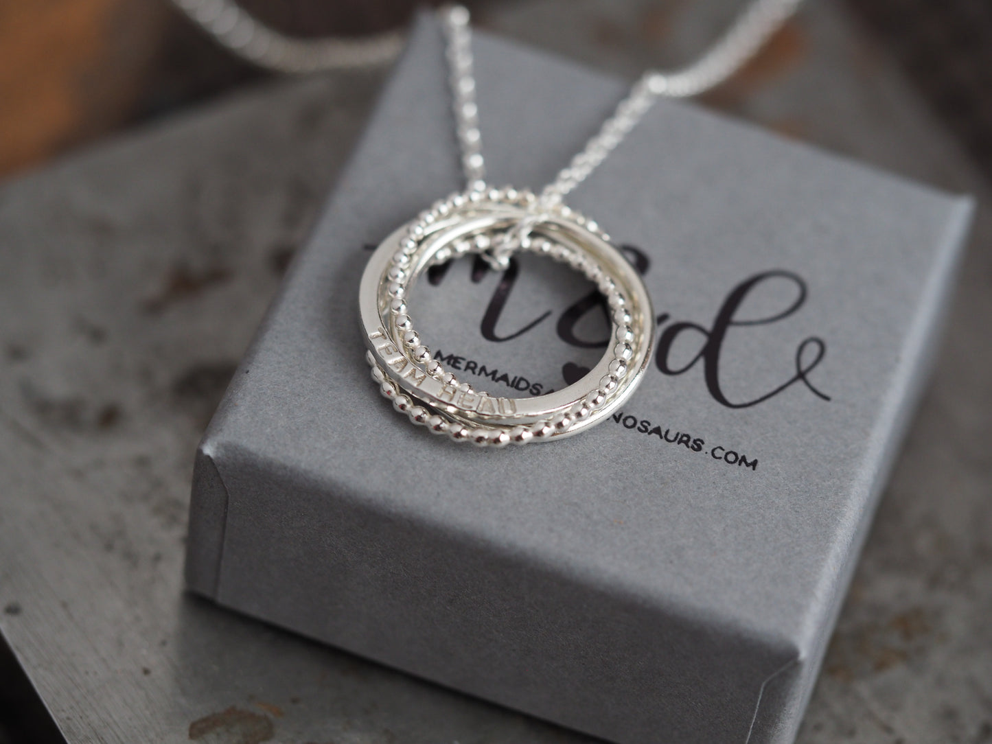 Silver necklace with interlocking rings on a branded gray box