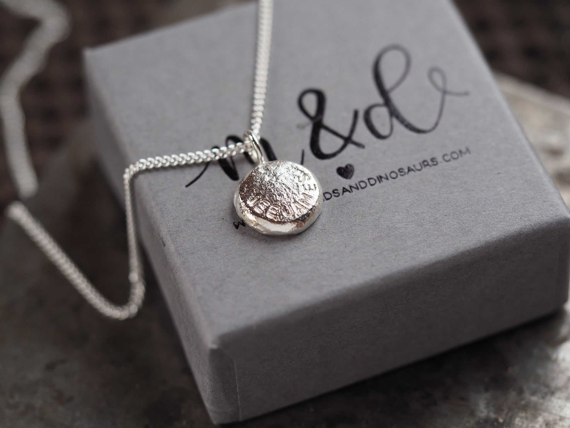 Silver necklace with a pendant on a branded gray box