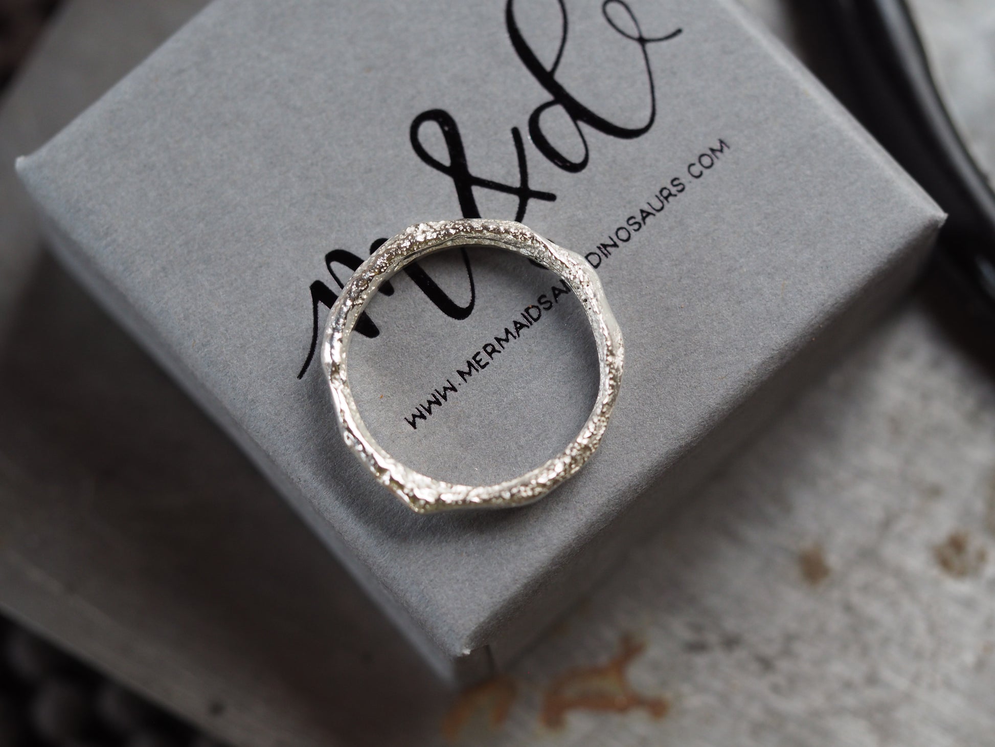 Silver ring on a gray box with 'Mermaid's Dinosaurs' branding.